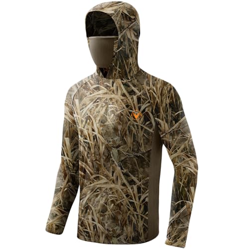 Palmyth Hunting Hoodie with Mask for Men Long Sleeve Sun Protection UV UPF 50+ Camo Fishing Shirts（Reed Shadow,XL）