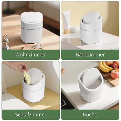 JOYFIER Mini tischmülleimer 2L mit Müllsäcken 180 Stück, tischabfalleimer mit deckel für Den Waschtisch Küche Badezimmer Büro Schreibtisch (Weiß)