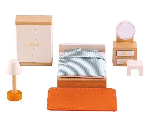 MOBILI PER LA CAMERA MATRIMONIALE: Set completo con letto matrimoniale, armadio, lampada di design, comò e tappeto, perfetti per arredare la casa delle bambole del tuo bmabino e rendere il gioco ancora più vario e divertente