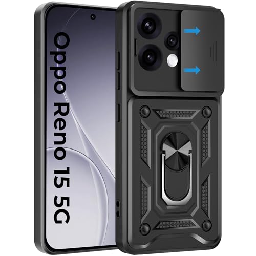 Image of A rtistque Armor Bumper Back Cover Case for Oppo Reno 15 5G | Ring Holder Stand | Sliding Camera Protection | Shockproof Heavy Duty Design | Oppo Reno 15 Back Cover - Black