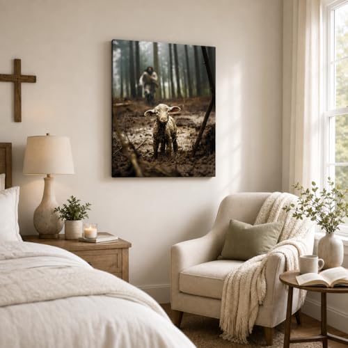 Image of GUN SUPPLIES OUTLET LLC Jesus and Lamb Canvas Wall Art Jesus Running After Lost Lamb Picture Wall Art Christian Home Decor 24x30 inch