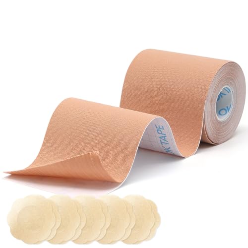 OK TAPE Nastro Adesivo Seno Boob Tapes Reggiseno Nastro Adesivo per Vestiti Nastro con 5 Paia di Copricapezzoli Set Nastro Invisibile per Abbigliamento,7,5cm x 5m,Beige