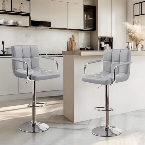 Image of Yaheetech Bar Stools Set of 2, Adjustable Swivel with Backs, Light Gray