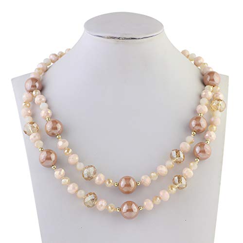 Firstmeet 2 Layers Cream Tan Crystal Glass Beads And Pearl Costume Strand Collar Necklace For Women(Xl-1186-Cream Tan) #TOP1