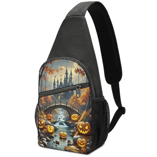 Mochila para el pecho de diseño calabaza y puente antiguo casual