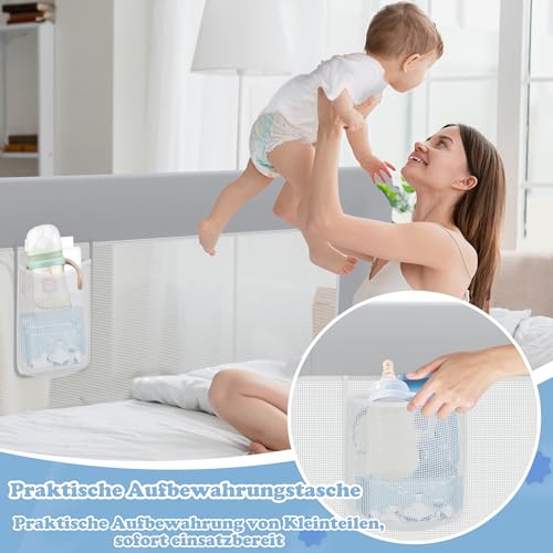 Miniatura 4 de Uisebrt Barrera De Cama De 150 Cm, Plegable, Protección Contra Caídas, Altura Ajustable Para Cuna, Rejilla Transpirable Para Cuna Con Bolsa De Almacenamiento, Gris