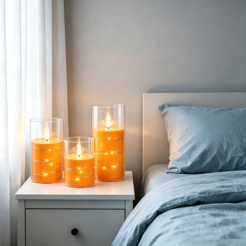 Image of Da by 3 Pack Orange Transparent Acrylic Flameless Taper Candles, Flickering Black Wick LED Candles with Fairy String Lights, Heat Resistant ABS Candles with Remote for Indoor Outdoor Decor