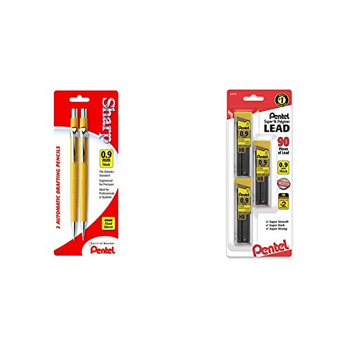 PENTEL Sharp Mechanical Drafting Pencil, 0.9 mm, Yellow Barrel, 2/Pack (P209BP2K6) & Super Hi-Polymer Lead Refills, 0.9 mm, 90 Pieces (C29BPHB3)