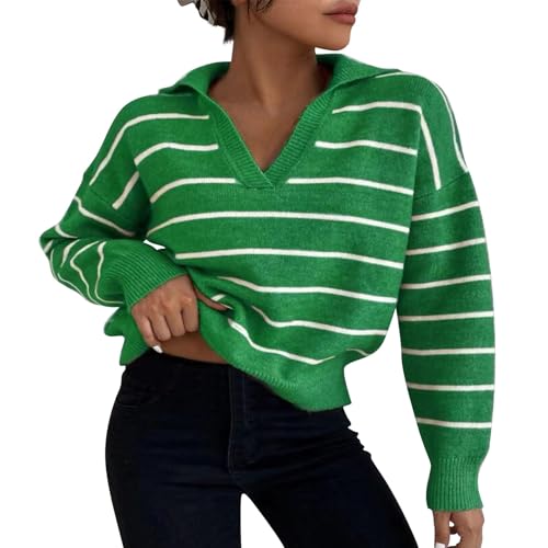 Heevina Sweaters for Women Striped Lapel V Neck Long Sleeve Knit Knitted Sweater Jumpers Trendy Pullover Winter Fall