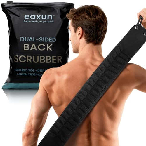 eaxun Back Scrubber with Handles for Shower, 40 Inches Dual-Sided Back Washer with Exfoliating Texture and Loofah for Men, Women and Elderly, Bath Back Exfoliator Body Cleaner for Deep Cleansing
