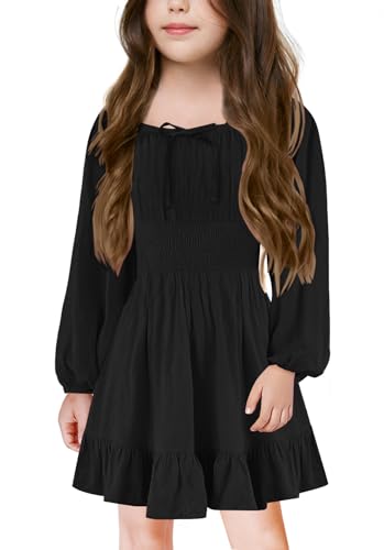 Girls Long Sleeve Square Neck Casual Boho Smocked Short Dresses 5-14 Years