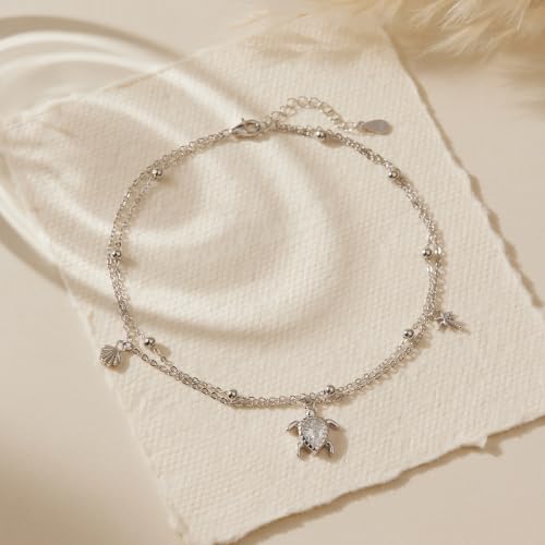 Image of CHIC & ARTSY 925 Sterling Silver Layered Anklets for Women, Adjustable Cable Chain Multilayer Beach Foot Jewelry, Nickel Free Hypoallergenic Summer Anklet 10-11 Inches