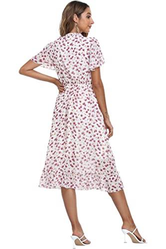 Vintageclothing Women's Summer Dress Floral Sexy V Neck Ruffle Short Sleeve A Line Long Midi Dress, Floral White, S #TOP1