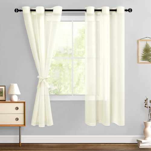 Hiasan Sheer Curtains 63 Inches Long with Tiebacks, Ivory, 2 Panels