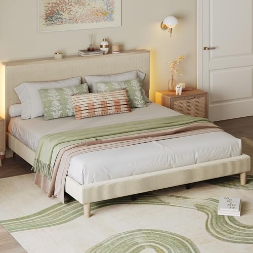 Image of Bestier King Bed Frame with Storage Headboard & LED, Upholstered, Beige