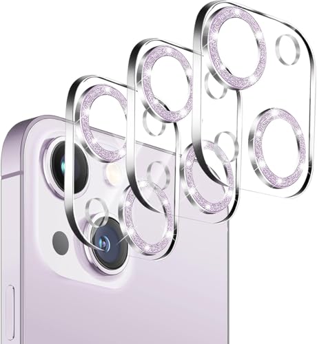 Dengduoduo 3 Pack Tempered Glass Camera Lens Protector for iPhone 15 6.1" & for iPhone 15 Plus 6.7",Bling Glitter, Ultra HD, 9H Hardness, Anti-Scratch, Case Friendly [No Affect on Night Shots]-Purple