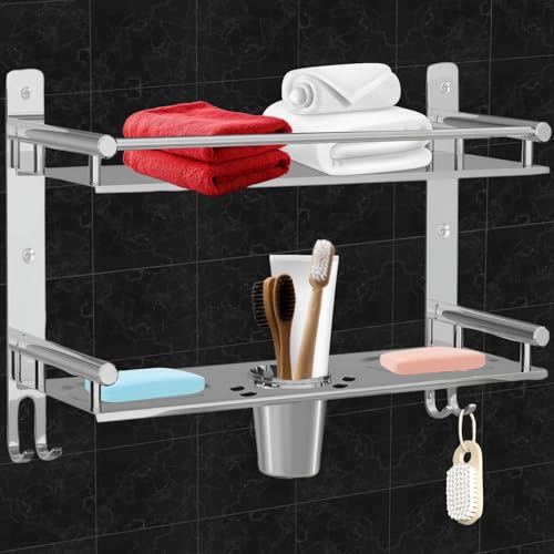 Image of Pivalo 304 Grade Stainless Steel Towel Holder Double Layer Chrome Finish Stand Hanger Wall Mount Bath Kitchen Bathroom Accessories Rack Shelf Organizer with Brush Holder (Silver, Set of 1, 1003)