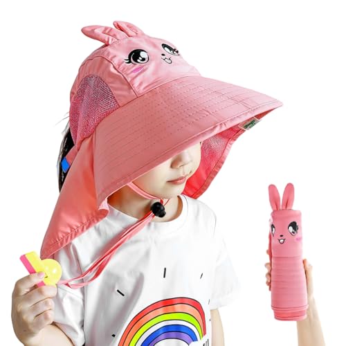 Image of SNOWIE SOFT Wide Brim Sun Hat for Kids Girls with Neck Flap Shawl, UPF 50+ Adjustable Chin Strap Sun Protection Hat for Girls 2-10 Years Old, Summer Breathable Sun Visor Hat Windproof Beach Hat
