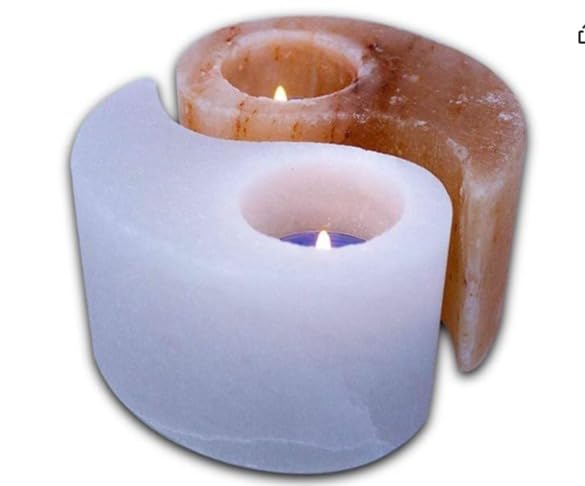 Salacia All Natural Himalayan Salt Rock Pink and White Yin Yang Tea Light Votive Candle Holder Set, Himalayan Salt Yin-Yang Tealight Candle Holder, Home Decor Candle Set