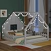 Merax Full Size House Bed for Kids Wood Montessori Floor Bed with LED Light Toddler Floor Bed with Fence and Window Toddler Bed Frame for Girls Boys White
