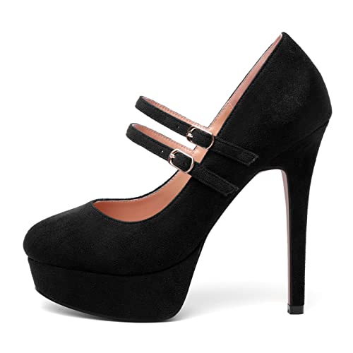 MOVINSTEPS Womens Buckle Suede Round Toe Sexy Solid Platform Adjustable Dual Strap Night Club Mary Jane Stiletto High Heel Pumps Shoes 5 Inch2