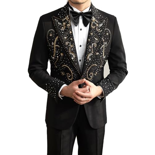 Luxury Mens 2 Pieces Suit Slim Fit Dinner Tuxedo Blazers Pants Outfit with Handmade Rhinestone for Prom,Party,Wedding