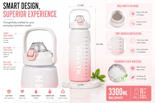 Image of 3.3 Liters Large Water Bottle With Straw & Handle, Sport Canteen Bottle With Time Marking, Leakproof Gym Water Bottle For Women & Men - Multicolor - Plastic (White)