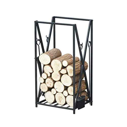 GLETSF Estante De Almacenamiento De Leña De Metal Negro para El Suelo del Hogar, Organizador De Herramientas De Leña Duradero con Estante De Madera