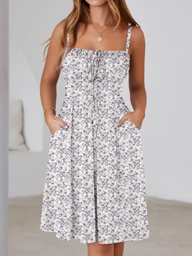 Image of YATHON Summer Mini Corset Sun Dress for Women Short Casual Square Neck Lace Up Floral Beach Vacation Dresses with Pockets