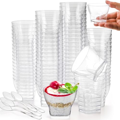 Pumtus 100 Pack Mini Dessert Cups, 3.5 OZ Plastic Parfait Appetizer Cups with Spoons, Small Clear Dessert Serving Cups Tumbler Cups for Puddings, Mousse, Parfait, Desserts, Appetizers