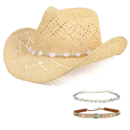 Cowboy Hat Cowgirl Hat Cowboy Hats for Women/Mens/3 Decorative Bands Western Outfit for Women and Men Beach Sun Hat (US Alpha One Size Beige)