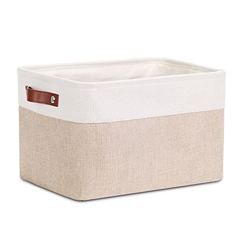Image of DULLEMELO Fabric Storage Basket for Shelves /Closets, Collapsible Rectangle Basket for Organizing Clothes, Toys, Towels, Books, Laundry, Nursery, Dog Toy Basket Empty (White&Khaki)