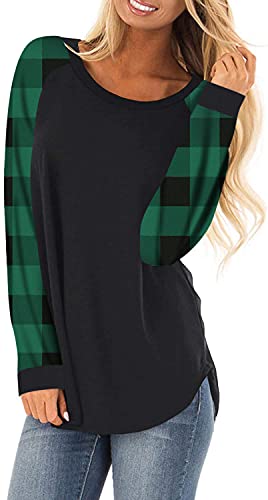 HARHAY Women s Cotton Knitted Long Sleeve Lightweight Tunic Sweatshirt Tops Black Green Plaid-M