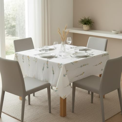 Image of HOMEMONDE 100% Cotton Premium Dining Table Cover 45 x 45 Inches Floral Printed Table Cloth for 4 Seater, Square Centre Table Cover (114 x 114 CM, Leafscape - Yellow & Green)
