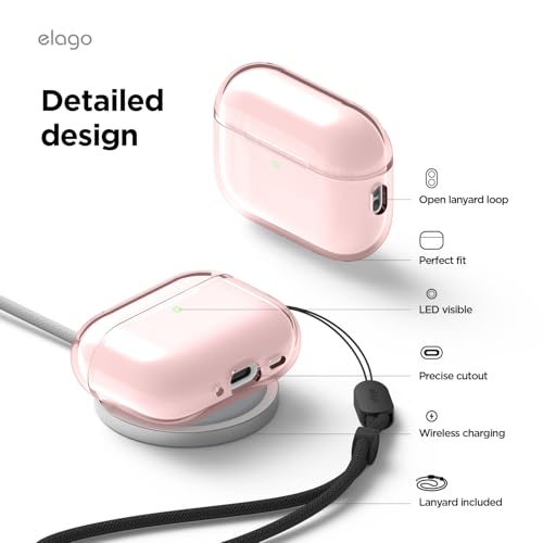Image of elago Clear Case for AirPods Pro 3 | Lanyard Included, Strap Included, Reduced Yellowing, Shockproof, Full Protection (Lovely Pink)