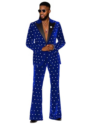 Fashion Men's Velvet Suits with Rhinestones 2 Pieces Prom Tuxedos Regular Fit Peak Lapel Blazer Pants for Wedding