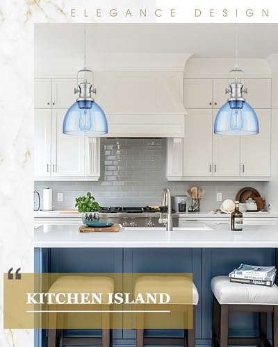 Image of 7.5 inch Brushed Nickel Pendant Lights Kitchen Island, Blue Shade