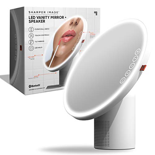 SHARPER IMAGE Bluetooth Vanity Mirror with Lights and Speakers, No Distortion Swivel Mirror, Wireless Speaker and Speakerphone, Adjustable LED Light Halo, Modern Bathroom Accessory