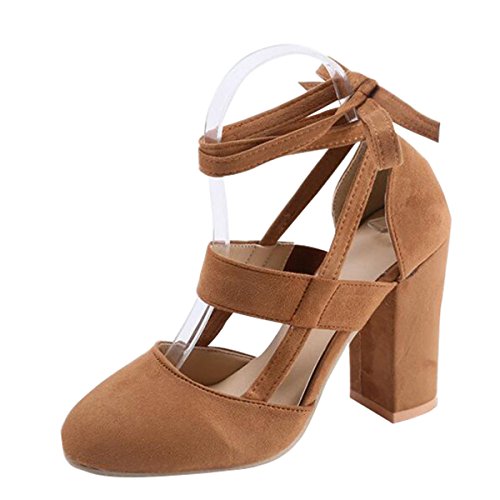 Hee grand Women High Heel Sandals Closed Toe Pumps Square Heel Shoes Women's Fashion Thick High Heel Pumps Sexy Straps Platform Sandals Brown US 9