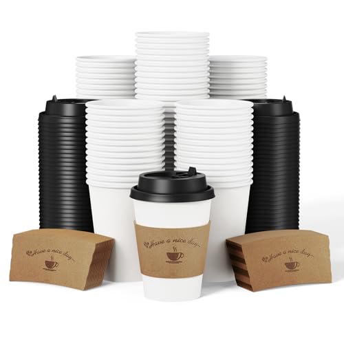 LITOPAK 100 Pack 12 oz Coffee Cups with Lids, To Go Coffee Cups with Lids and Kraft Sleeves, White Coffee Cup for Hot Drinks
