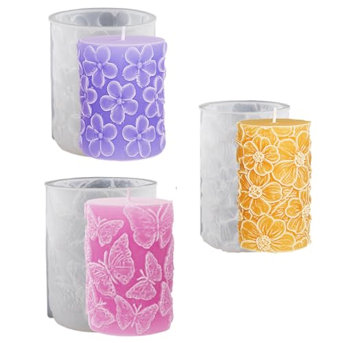 Bekecidi 3 PCS Candle Moulds for Candle Making Butterfly Pillar Candle Moulds Silicone Epoxy Resin Moulds Flower Cylinder Candle Molds for Making 3D Candles Soap Aromatherapy DIY Crafts