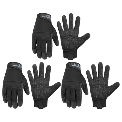HANDLANDY Grip Work Gloves for Women Men, Safety Utility Yard Working Gloves, Flexible Touch Screen Mechanics Gloves (Black-Grip, Small (Pack of 3)) Small (Pack of 3) 3 Pairs Black-grip