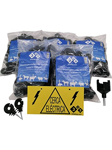 333 Conjunto 250 Anillo aislador para Hilo, Cinta, Cable para Pastor eléctrico, con Tornillo para Madera + Accesorio para Montaje + Cartel indicador… Cover