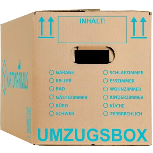 Kartonprimus 10 Umzugskartons 620 x 300 x 330 mm zweiwellig stabiler Karton bis 40 kg verstärkte Griffe und stapelbar Umzugkarton Umzugsbox Bücherkarton Archivbox Ordnerkarton Umzugskiste (10 Stück)