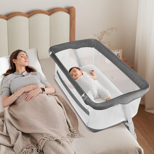 Cowiewie Bassinet Bedside Sleeper,Baby Bassinet Slides Over Bed,5-Height Adjustment & Breathable All-Mesh Wall Bedside Bassinet for Baby,Space-Saving Bedside Crib, Height(37.4-41.3'), Dark Grey