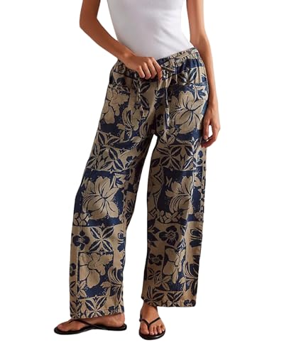 Kedera Women's 2025 Spring Causal Baggy Boyfriend Pants Vintage Wide Leg Printed High Rise Pull-On Barrel Ankle Pants