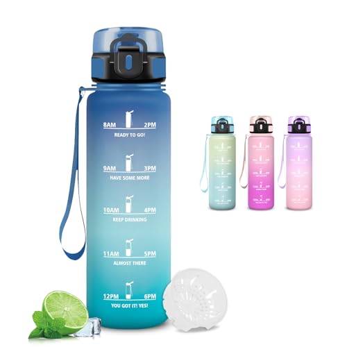 Trinkflasche 1l, Trinkflasche Sport, Wasserflasche Auslaufsicher, Wasserflasche mit Zeitmarkierung, Leicht zu Tragen und zu Reinigen, Flasche für Fitness, Schule, Büro, Jugendliche, Erwachsene, Gym