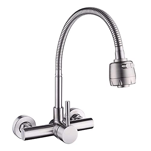 Mitigeur mural double trou en acier inoxydable avec bec pivotant pour eau chaude et froide