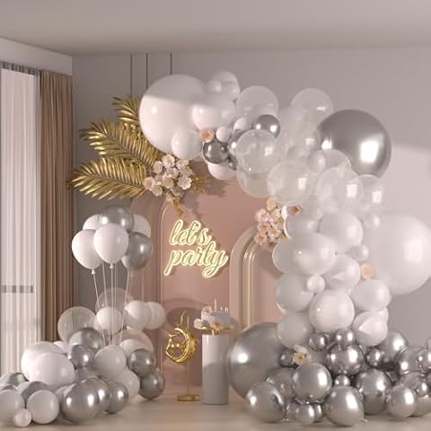 136pcs White and Silver Balloons Garland Arch Kit With Clear Balloons,18 12 10 5 Inch Different Sizes Pack Party Latex Balloons for Valentine’s Day Birthday Holiday Party Decorations Cover