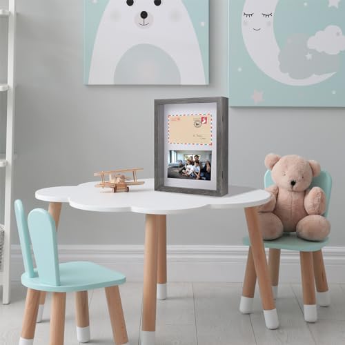 Muzilife 8x10 Shadow Box Picture Frame - Deep Wood & Glass Display Case Ready to Hang Memory Box Baby Sports Memorabilia, Pins, Awards, Tickets, and Photos (Texture Gray)